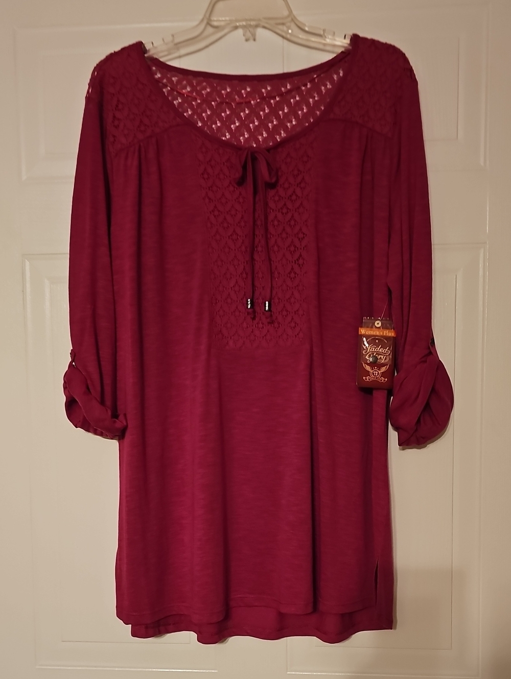 Faded Glory Lace-Yoke Tunic Top - Berry Red